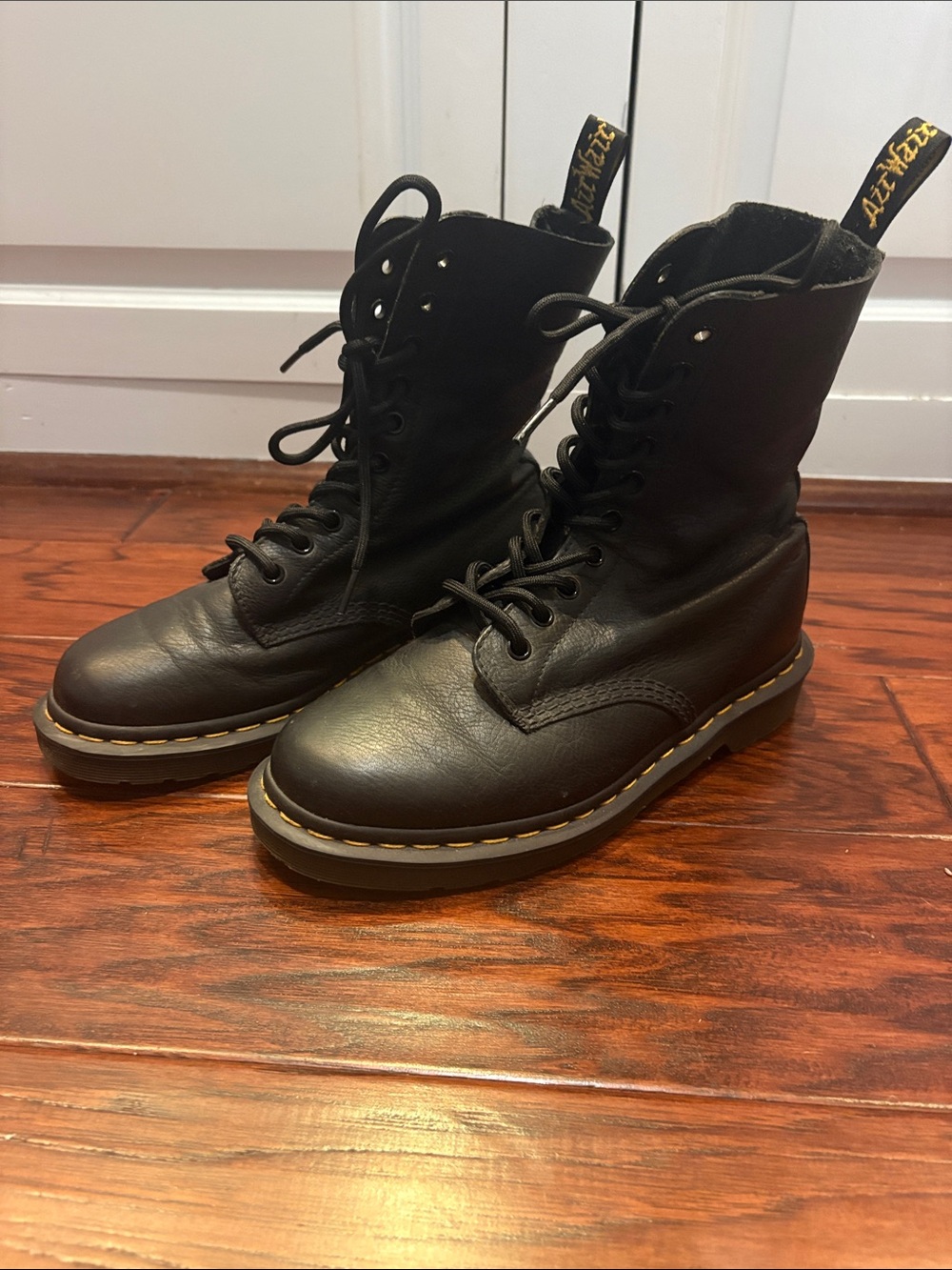Dr. Martens Black Leather 8-Eye Lace-Up Boots with Yellow Stitching - Picture 2 of 4